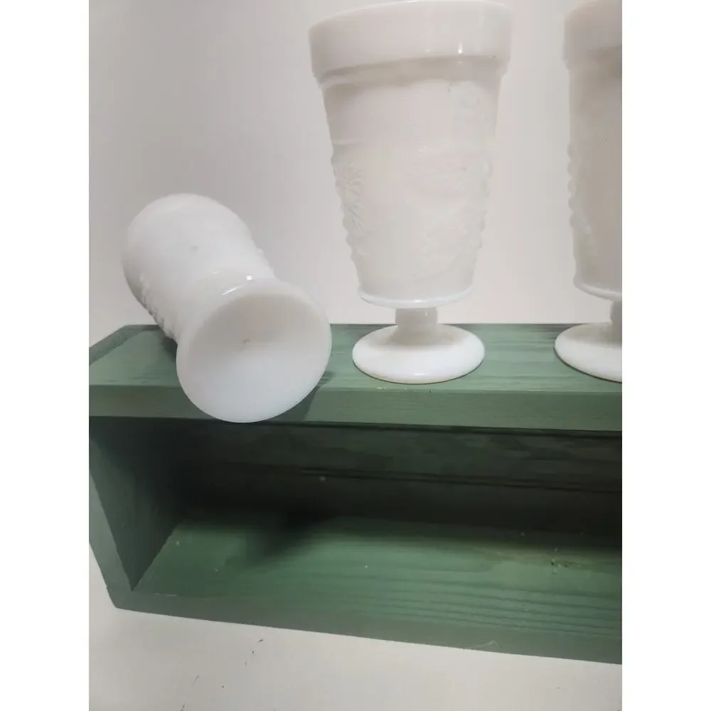 Vintage Set of 4 White Milk Glass Grape Pattern Pedestal Goblets Harvest Wine